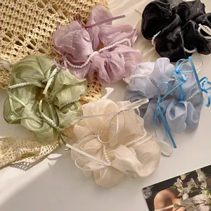 Scrunchies μαλλιών από οργάντζα με πέρλες και φιόγκους, κομψά αξεσουάρ για γυναίκες καθημερινά.