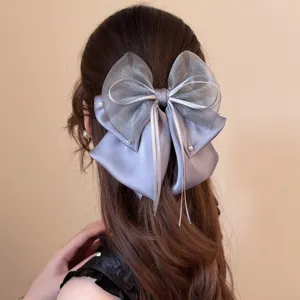 Französisch Elegante Dreilagige Satin Netz Schleife Haarkralle Mit Künstlicher Perle Große Schleife Haarklammer Für Damen Haarschmuck