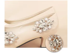 Detachable crystal and pearl shoe clips detail view for elegant wedding shoes and heels accessories.