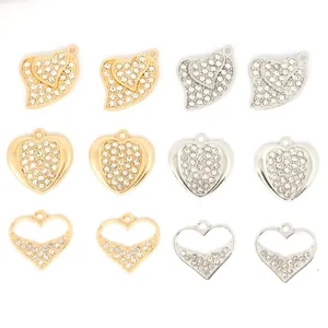 Rhinestone heart charms DIY metal pendants gold and silver jewelry making accessories details