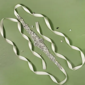 Elegant bridal rhinestone belt with satin ribbon for wedding dress and formal gowns.