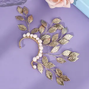 Gouden blad parel oorclip bruid fee ooromslag elegante feest bruiloft sieraden item