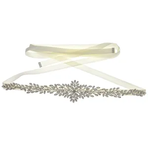 Elegant bridal rhinestone crystal belt with white ribbon for wedding dress and formal gowns.