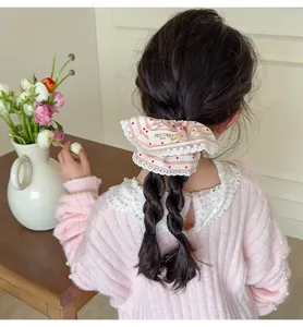 Cute pink striped lace hair scrunchie for little girls, sweet heart print hair tie accessory.