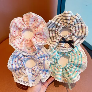 Children's cute hair scrunchie with lace trim, striped heart print and bow knot for girls.
