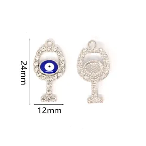 Evil eye wine glass charm, alloy rhinestone pendant, DIY jewelry making accessory 24x12mm.