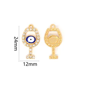Gold alloy evil eye wine glass charm with rhinestones, 24x12mm DIY jewelry pendant.