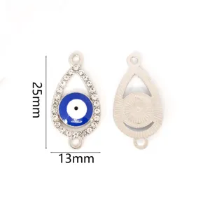 Evil eye charm detail view, rhinestone teardrop alloy pendant showing front and back structure.