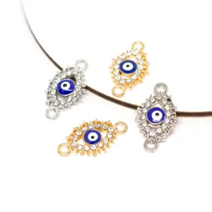 Blue Drip Oil Evil Eye Alloy Charms With Rhinestone Double Loop DIY Connector Pendants For Bracelet Necklace Jewelry Making Accessories