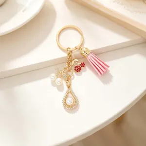 Pink Tassel Cherry Keychain With Rhinestone And Artificial Pearl Cute Fruit Bag Pendant Key Ring Gift Accessory For Women
