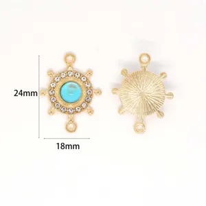 Gold ship wheel pendant connector with blue rhinestone for DIY jewelry making bracelets 24x18mm