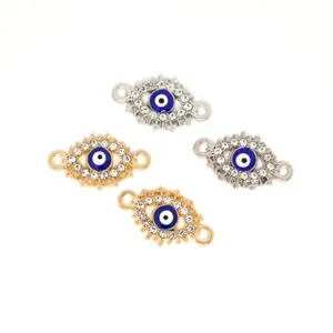 Exquisite evil eye alloy connector charms with sparkling rhinestones and blue enamel details.
