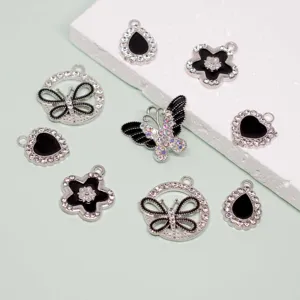 Korean Black Enamel Butterfly Heart Waterdrop Alloy Rhinestone Inlaid Pendant Charms For DIY Earrings Necklace Handmade Craft Jewelry Making Findings