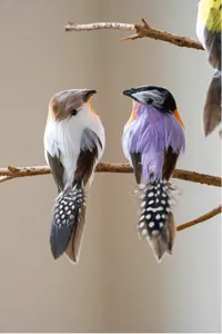 Artificial feather colorful birds hanging ornaments for Christmas home garden decor details.