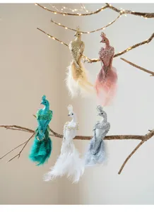 Set van glinsterende pauwenveren hangende ornamenten voor kerstboom vakantie feest decoratie