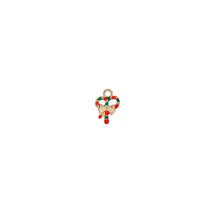 Detailed view of gold-plated Christmas candy cane alloy enamel charm for DIY jewelry making.