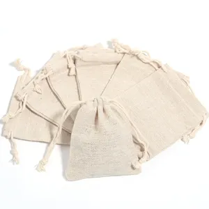 Natural cotton linen drawstring bags small reusable gift pouches jewelry storage bags set.