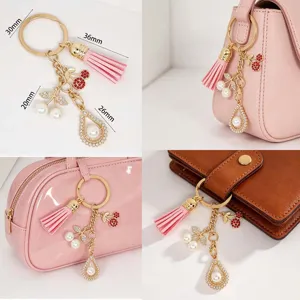 Pink tassel cherry pearl keychain bag charm pendant cute accessory for women and girls