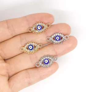 Evil eye connectors, double loop alloy charms with blue enamel rhinestones for DIY jewelry making