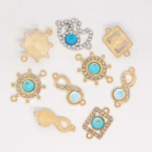 Gold and silver metal DIY jewelry charms with blue stones and clear rhinestones for bracelets necklaces
