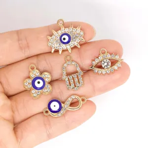 Blue evil eye rhinestone alloy pendants DIY hamsa flower charms fashion jewelry making parts
