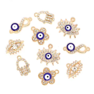 Gold alloy evil eye charms hamsa hand flower rhinestone DIY jewelry pendant 10pcs set
