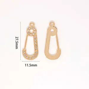 Gold rhinestone shield safety pin charm detail, 27.5x11.5mm DIY jewelry accessory finding.