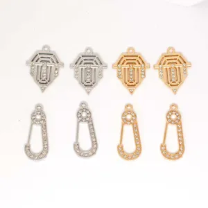 DIY rhinestone shield safety pin charms set in gold silver finish for fashion necklaces.