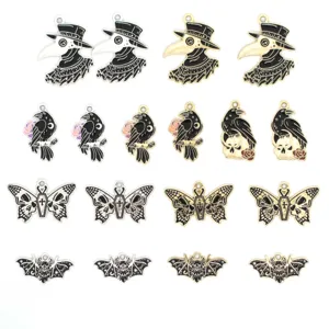 Gothic plague doctor raven skull butterfly bat enamel charms pendants for DIY jewelry making.