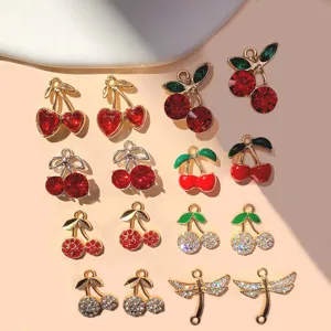 Cherry pendant charm detail view, alloy inlaid zircon shiny DIY necklace earring accessory.