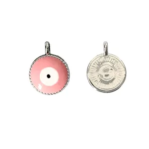 Silver alloy evil eye charm pink enamel round DIY jewelry making pendant accessory