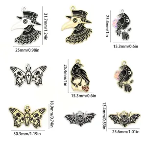 Gothic dark style metal drip oil charms featuring plague doctor, crow, skull, butterfly, and bat.
