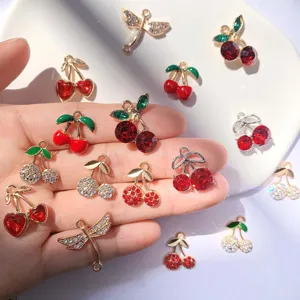 Alloy Rhinestone Cherry Pendant Charms Shiny Fruit Insect Dragonfly Strawberry Enamel DIY Jewelry Findings Hanging For Necklace Earring Crafting