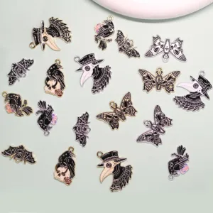 Gothic black white enamel charms plague doctor skull crow bat butterfly pendants for DIY jewelry