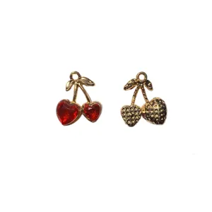 Gold-toned alloy red heart rhinestone cherry pendant DIY jewelry making necklace earrings.