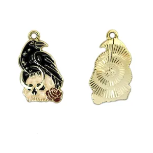 Gothic crow skull pendant enamel metal charm DIY necklace jewelry close-up detail view