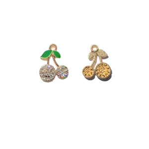 Exquisite rhinestone cherry charm detailed shot, dazzling alloy DIY jewelry pendant.