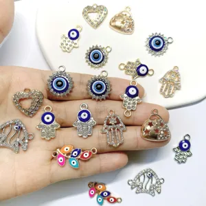 Legierung Galvanisiert Emaille Türkischer Böser Blick Hamsa Hand Anhänger Strass Schmuckzubehör Für DIY Armband Kette Basteln Komponenten