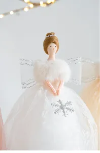 Close-up detail of the white lace angel doll ornament with fluffy collar and snowflake.