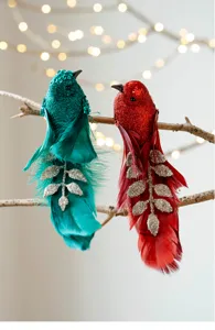 Juego de pájaros de espuma y plumas para Navidad, hermosos adornos brillantes colgantes.