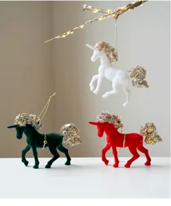Christmas velvet unicorn hanging ornament with glittering sequins for holiday tree decor