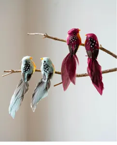 Detailed view of colorful artificial feathered bird pendants on twigs, perfect for home decor.