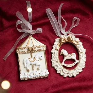Nordic white gold resin Christmas hanging ornament, detailed circus and rocking horse decor.