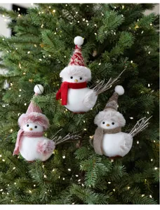 Christmas tree bird ornaments set, cute fluffy plush birds with knit hat and scarf decor.