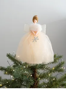Exquisite angel tree topper detail showing delicate lace dress, plush collar and cute wings.