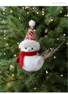 Cute Christmas tree bird hanging ornament featuring red knit hat and cozy scarf decor