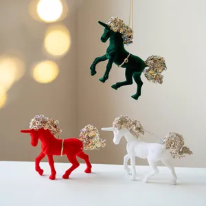 Christmas Flocked Unicorn Hanging Ornaments Sparkly Sequin Mane Tail Unicorn Statues For Christmas Tree Decoration Festive Tabletop Decor Ornaments