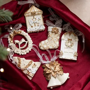 Vintage Nordic Christmas Resin Hanging Ornaments White Gold Circus Style Christmas Tree Decor Bell Stocking Carousel Horse Pendants