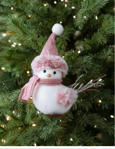 Cute Christmas bird ornament with pink knitted hat and scarf for tree decoration