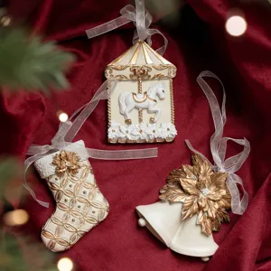 Christmas tree hanging ornaments set white gold resin carousel stocking bells festive decor